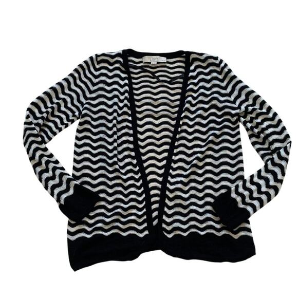 LOFT Lightweight Black & White Wavy Stripe Open Front Cardigan Sweater, XSP - Picture 7 of 13